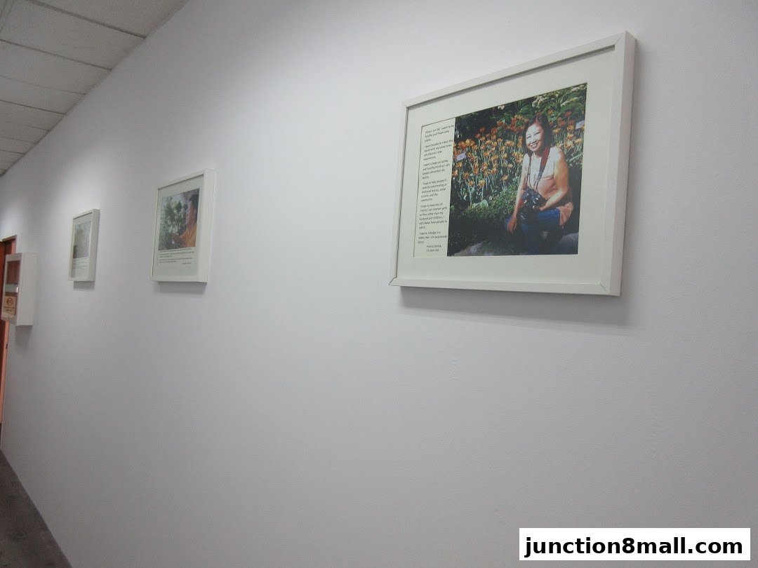 Framed pictures with text and photos are displayed on a white wall in a hallway.