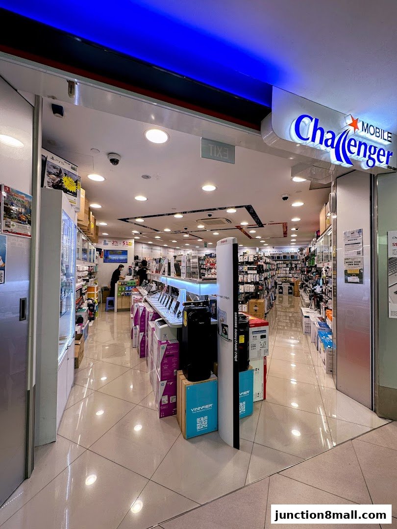 The entrance to Challenger MOBILE Junction 8, showcasing a wide array of electronics and mobile devices.