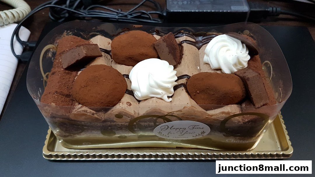 A chocolate cake with truffles and whipped cream, presented in a clear plastic container.