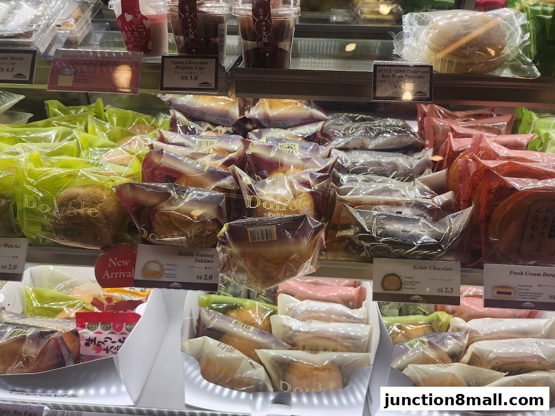 A display case filled with individually packaged Japanese pastries and desserts.