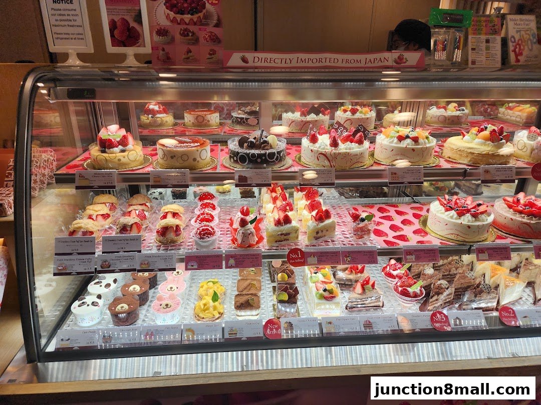 A display case filled with a variety of beautifully decorated cakes and pastries.