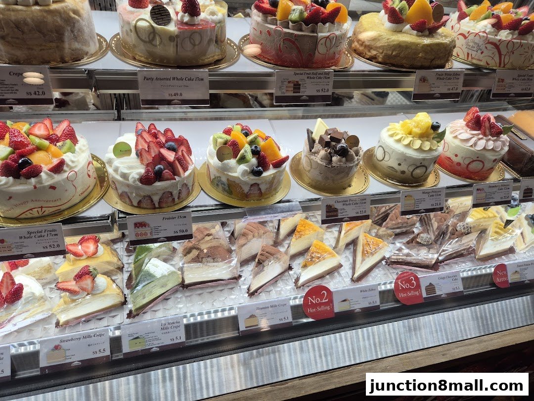 A display case filled with various beautifully decorated cakes and pastries, featuring fresh fruit toppings.