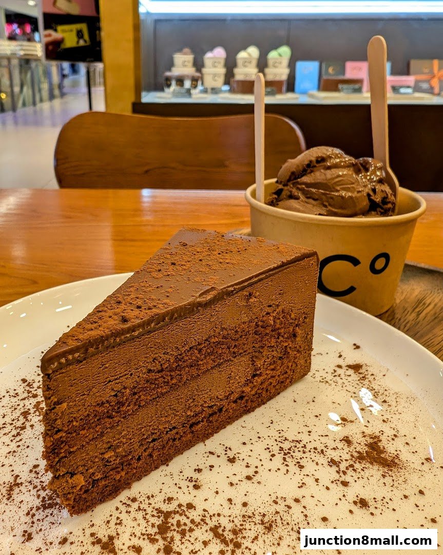 A slice of rich chocolate cake and a cup of chocolate ice cream on a wooden table.