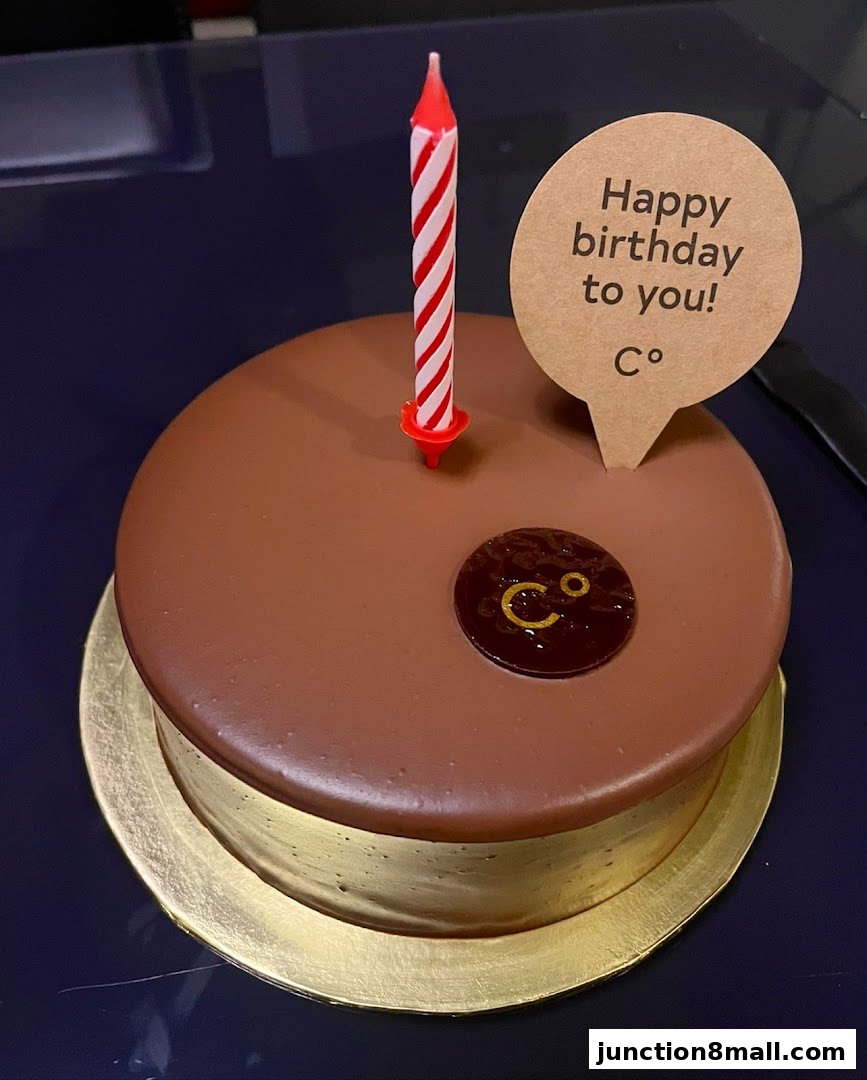 A chocolate cake with a birthday candle and a 'Happy birthday to you!' message.