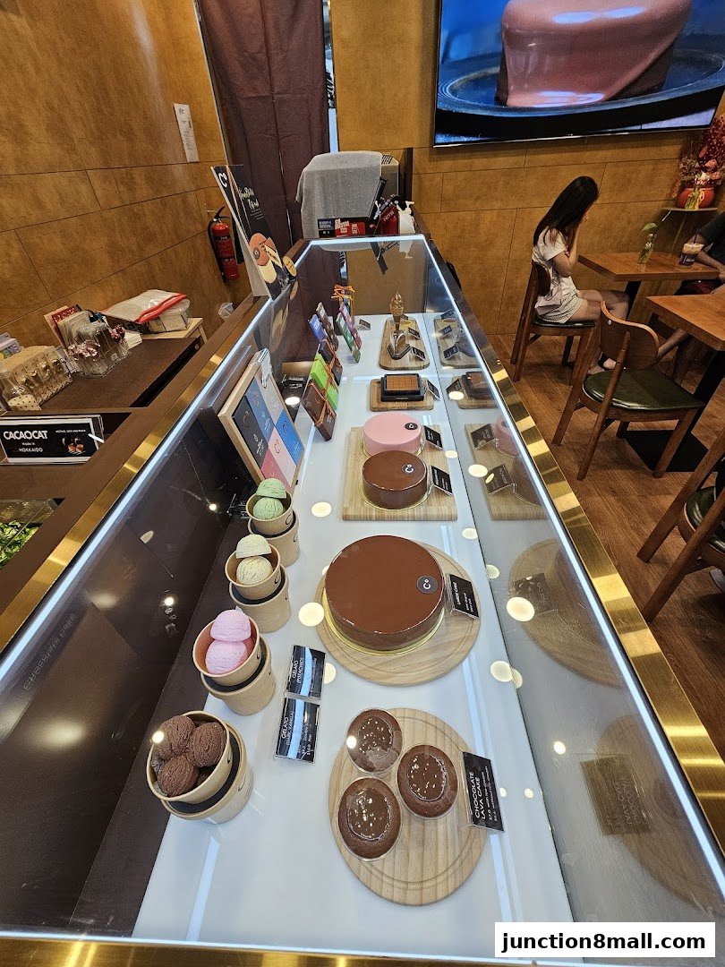 A display case filled with chocolate cakes, cookies, and gelato at Chocolate Origin.
