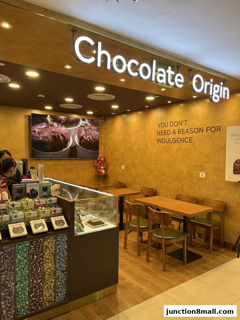 Interior of a Chocolate Origin shop with a display counter, seating area, and signage.