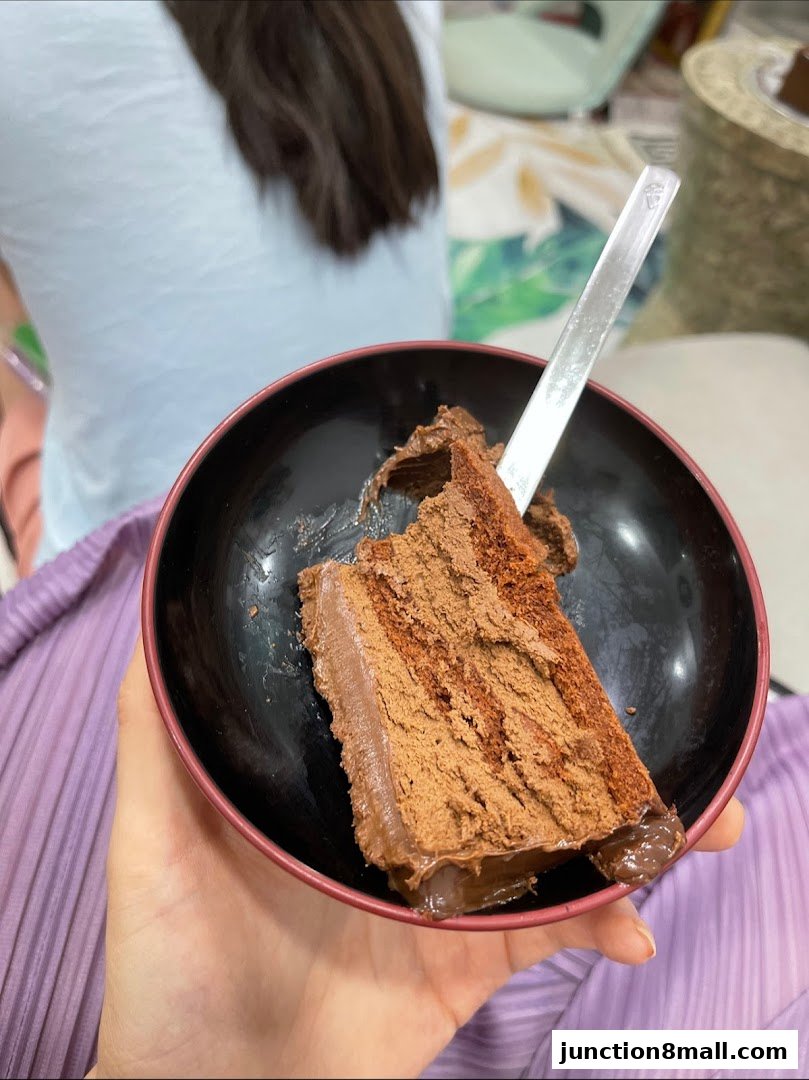 A hand holds a slice of rich chocolate cake in a black bowl with a fork.