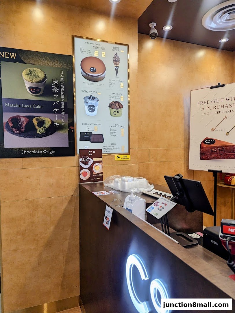 A counter display at Chocolate Origin featuring cakes, gelato, and other chocolate treats.