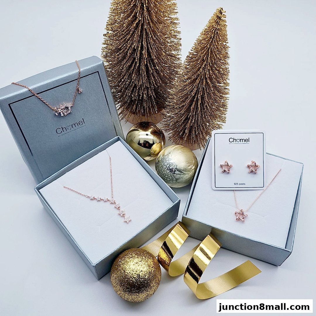 Chomel jewelry gift sets with festive decorations, including necklaces and earrings.