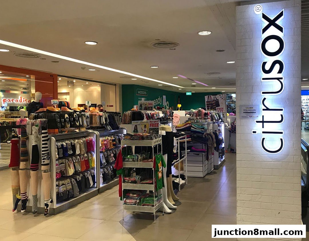 Interior view of Citrusox store showcasing a wide variety of socks and accessories.