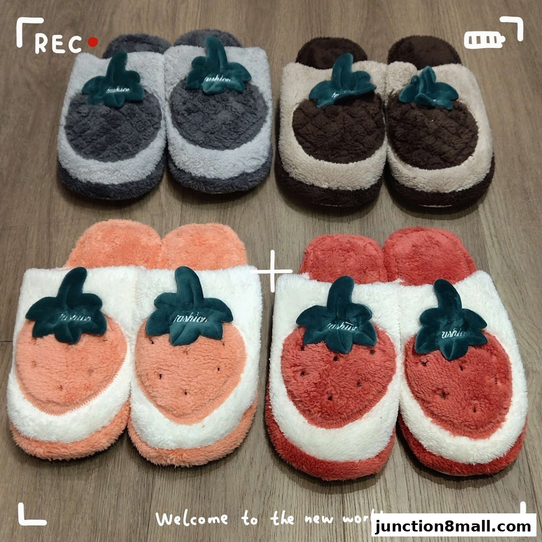 A collection of cozy, strawberry-themed slippers in various colors.