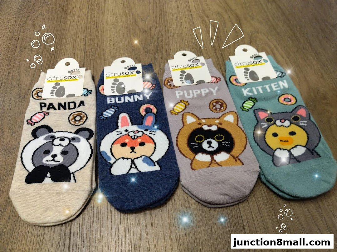 Four pairs of cute animal-themed socks with designs like panda, bunny, puppy, and kitten.