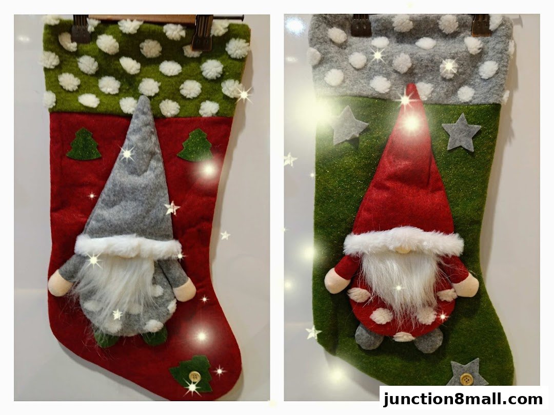 Two festive Christmas stockings featuring gnomes and holiday-themed decorations.