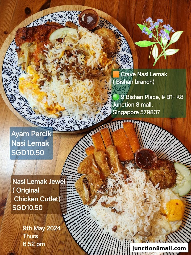 Two plates of Nasi Lemak, one with Ayam Percik and the other with chicken cutlet, are displayed.