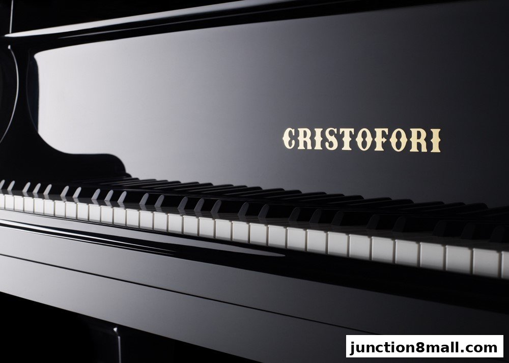 A close-up shot of a glossy black grand piano with the CRISTOFORI logo visible.