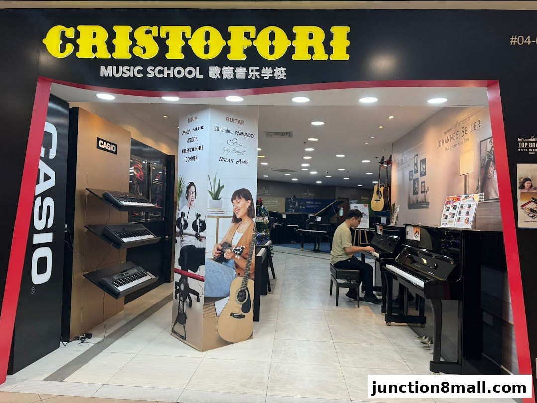The entrance of Cristofori Music School, showcasing pianos, keyboards, and guitars.