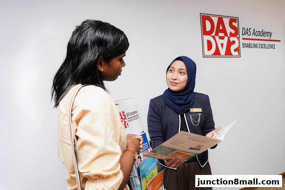 A staff member at DAS Academy explains information from a brochure to a visitor.