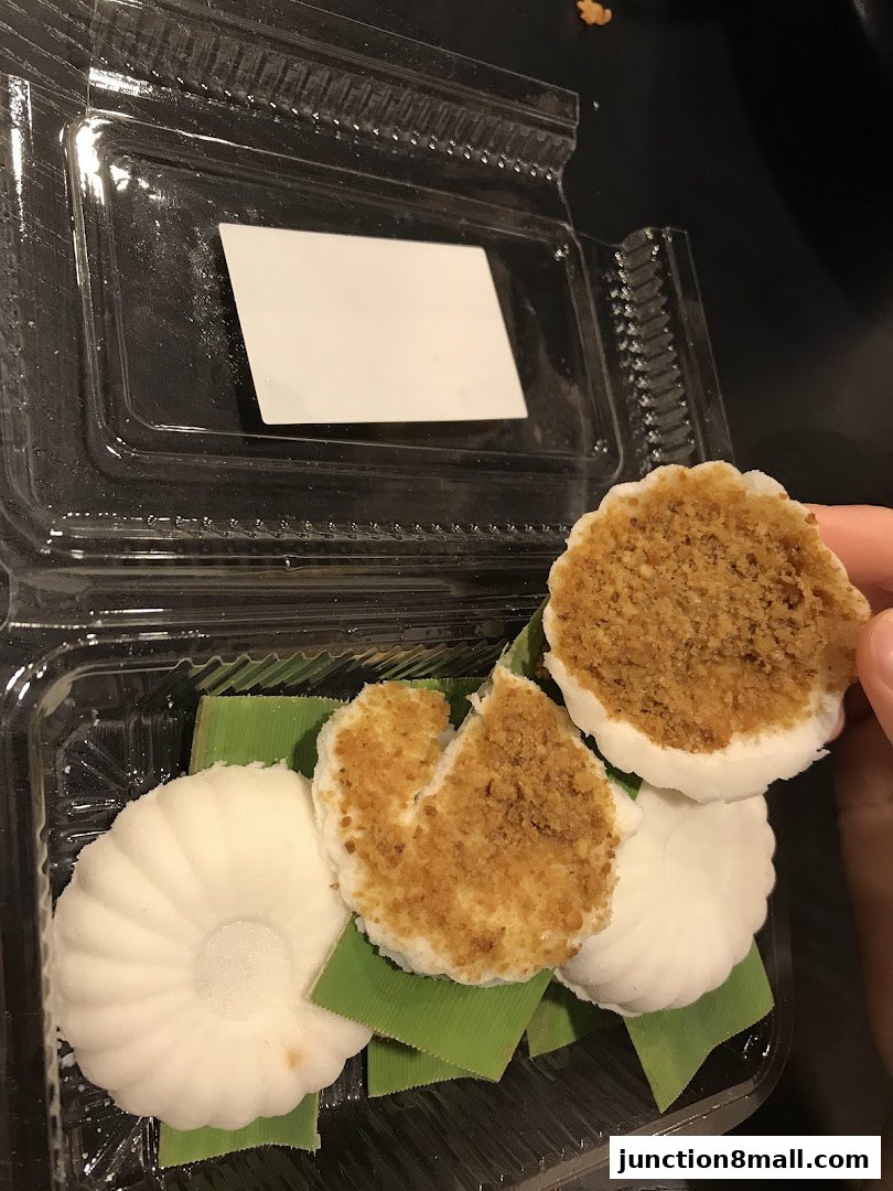 A hand holds a sweet rice dumpling topped with crushed peanuts in a clear plastic container.