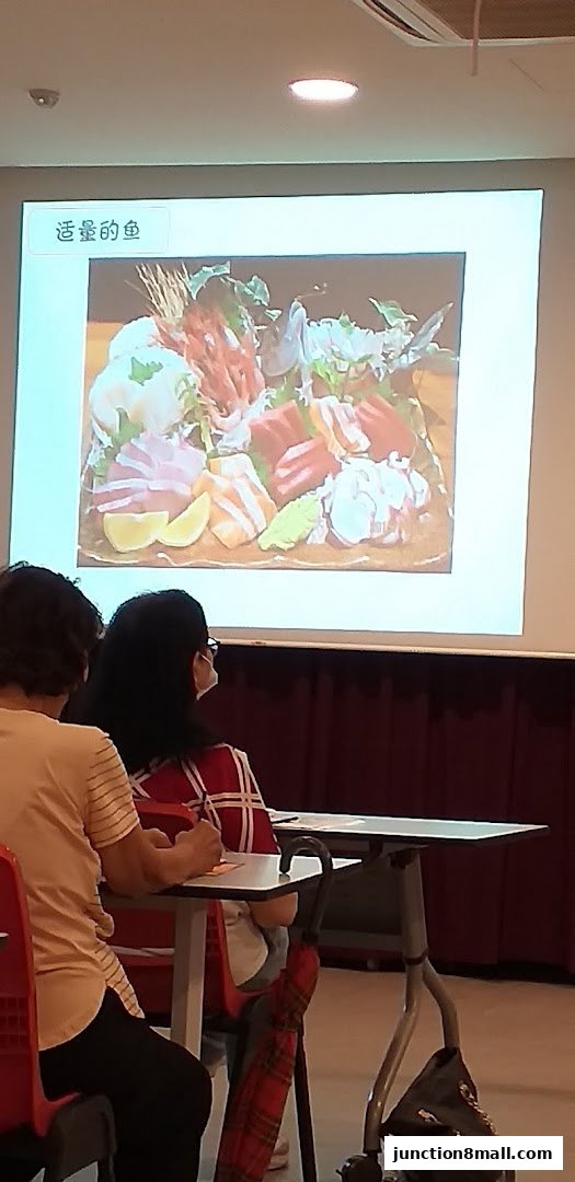 A presentation slide displays a platter of fresh sashimi with lemon and wasabi.