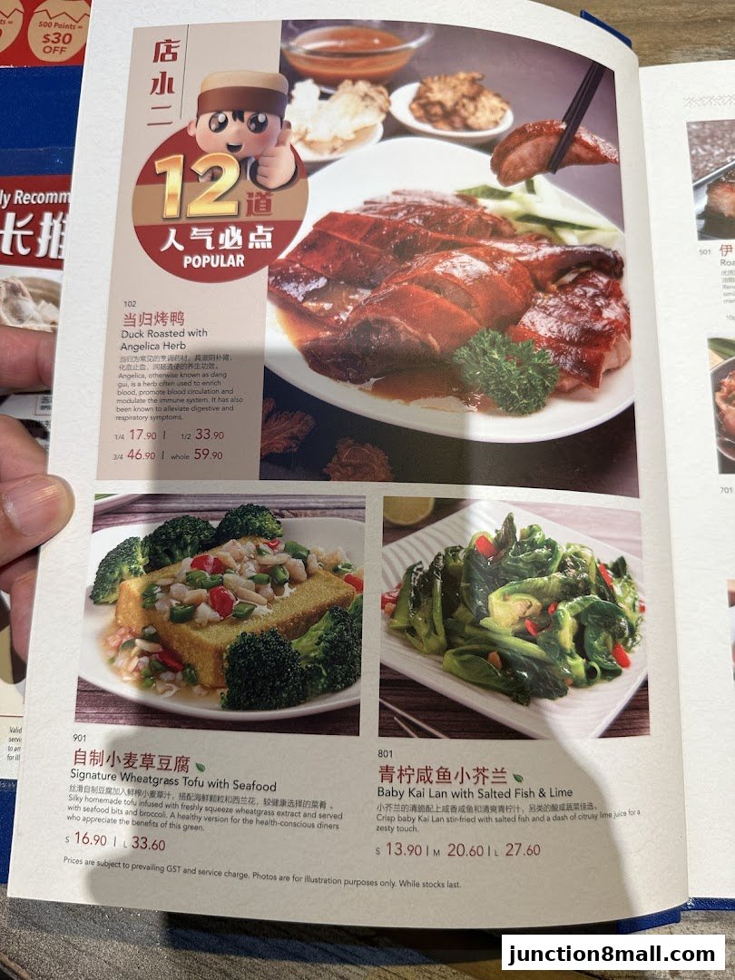 A menu page from Dian Xiao Er Junction 8 featuring popular dishes like roasted duck and tofu.