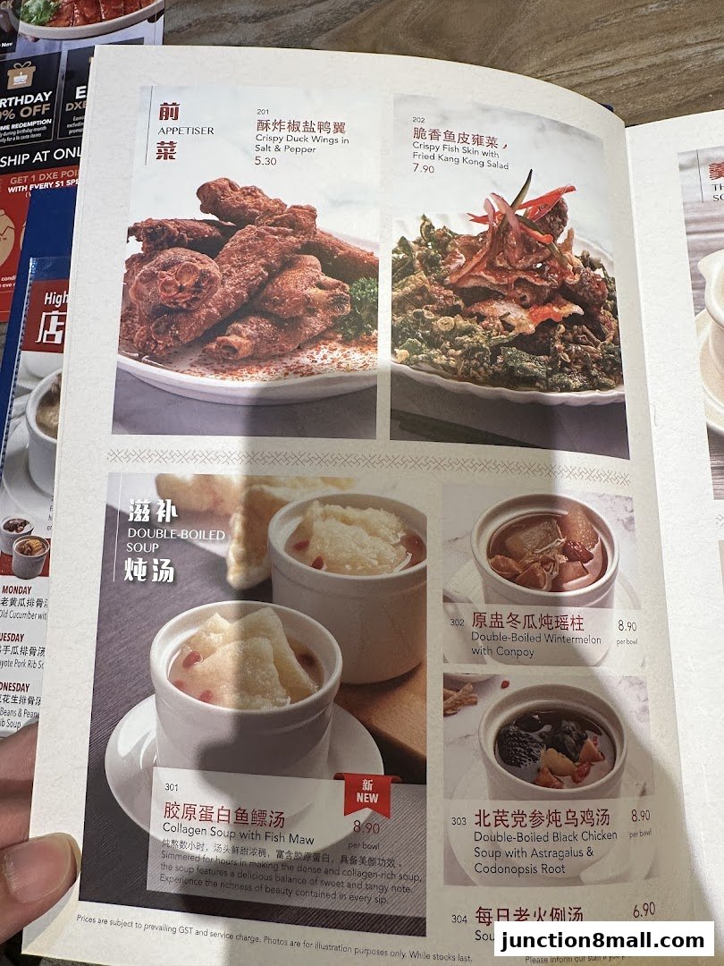 A menu from Dian Xiao Er Junction 8 featuring appetizers and double-boiled soups.