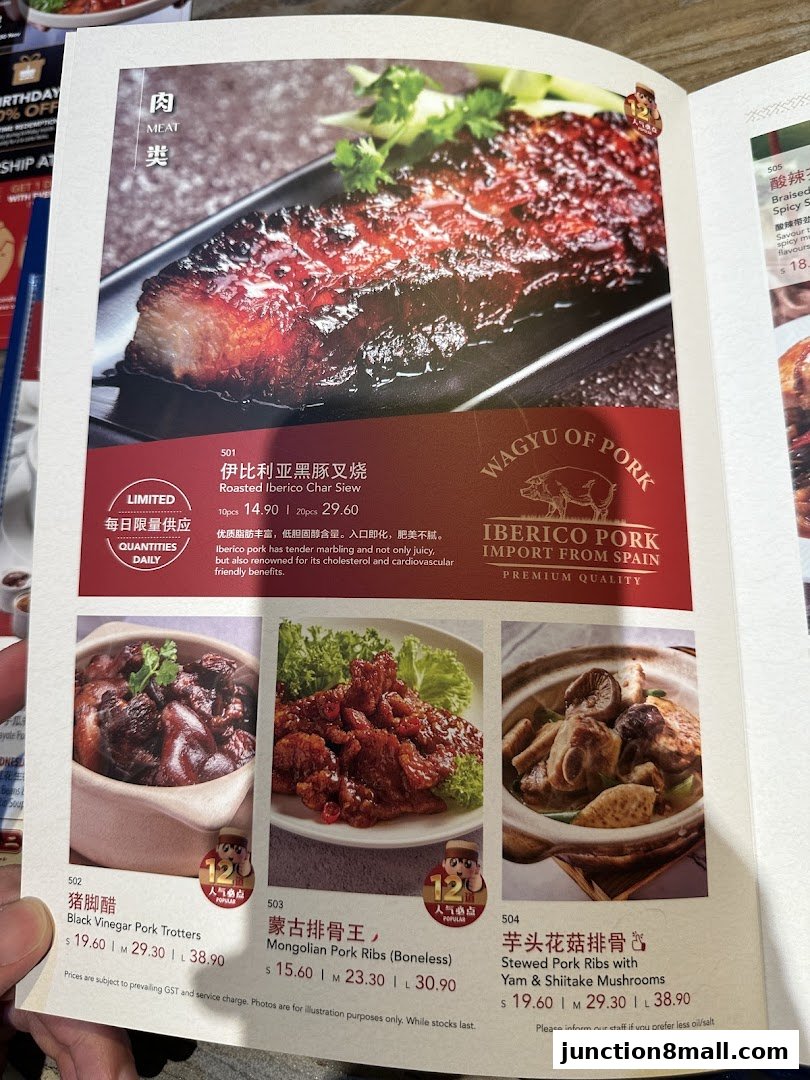A menu page from Dian Xiao Er featuring various pork dishes with descriptions and prices.