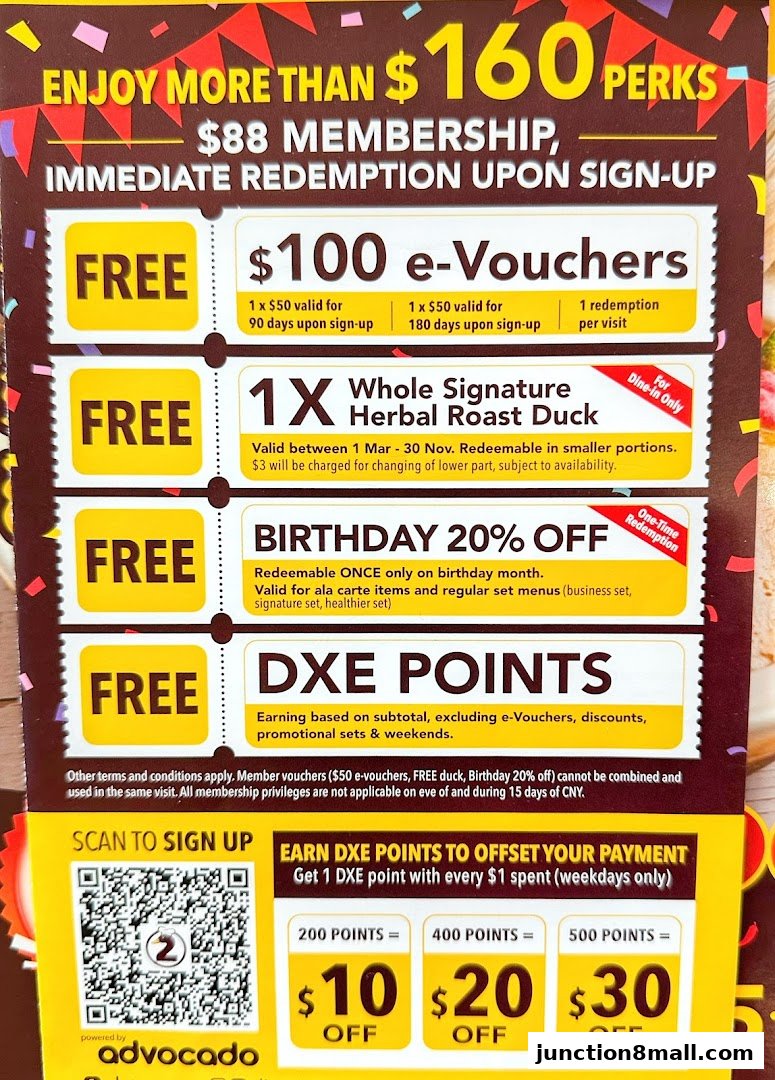 A promotional flyer detailing membership perks, e-vouchers, discounts, and points for Dian Xiao Er.