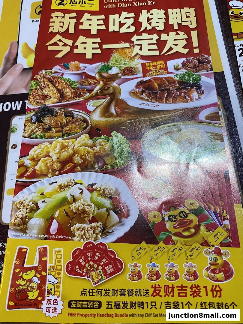 A promotional flyer for Dian Xiao Er featuring roasted duck and festive Chinese New Year offerings.