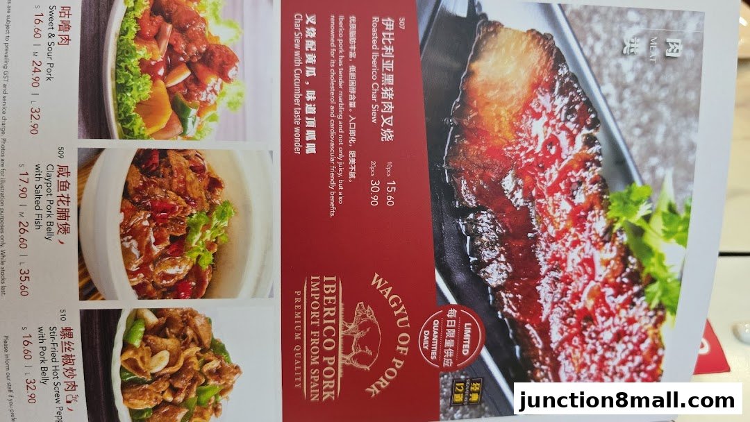 A menu page featuring appetizing photos of pork dishes and their descriptions.