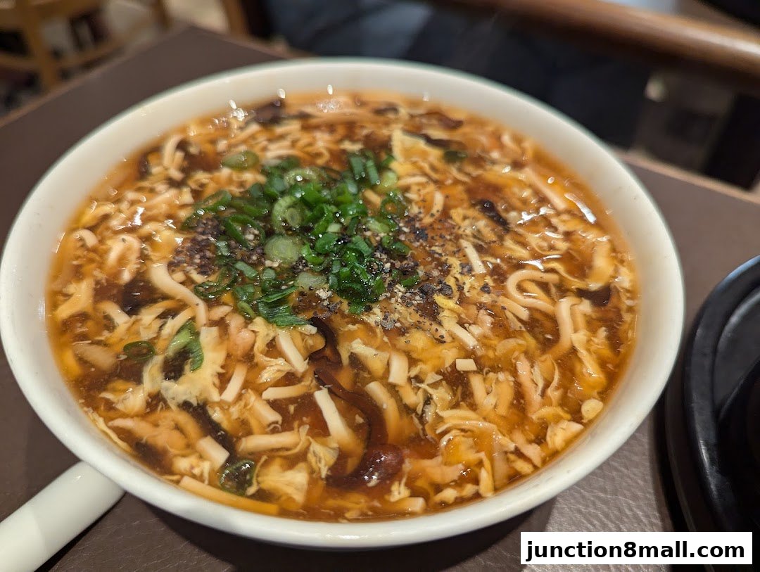 A close-up shot of a steaming bowl of hot and sour soup with noodles and garnishes.
