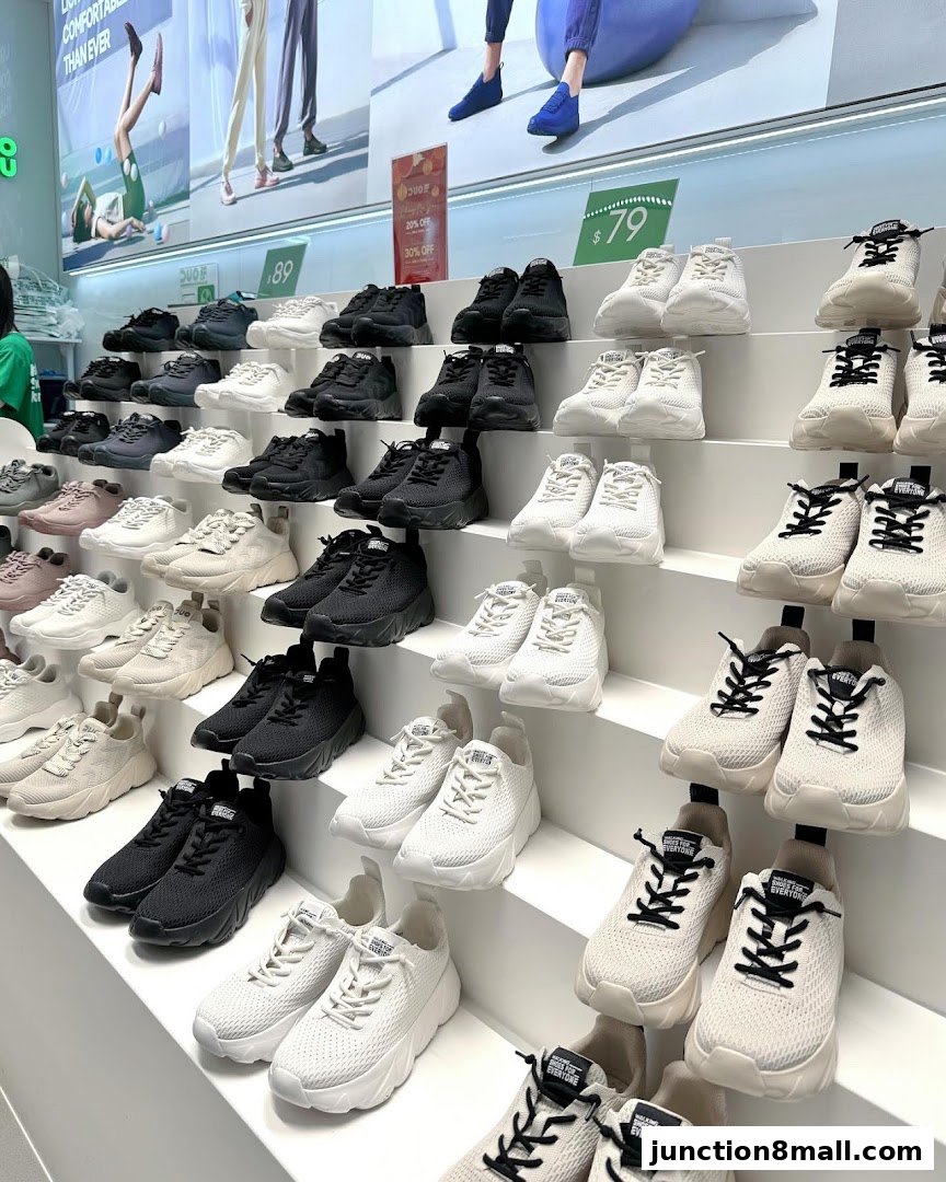 A display of various sneakers in black and white, neatly arranged on tiered shelves.