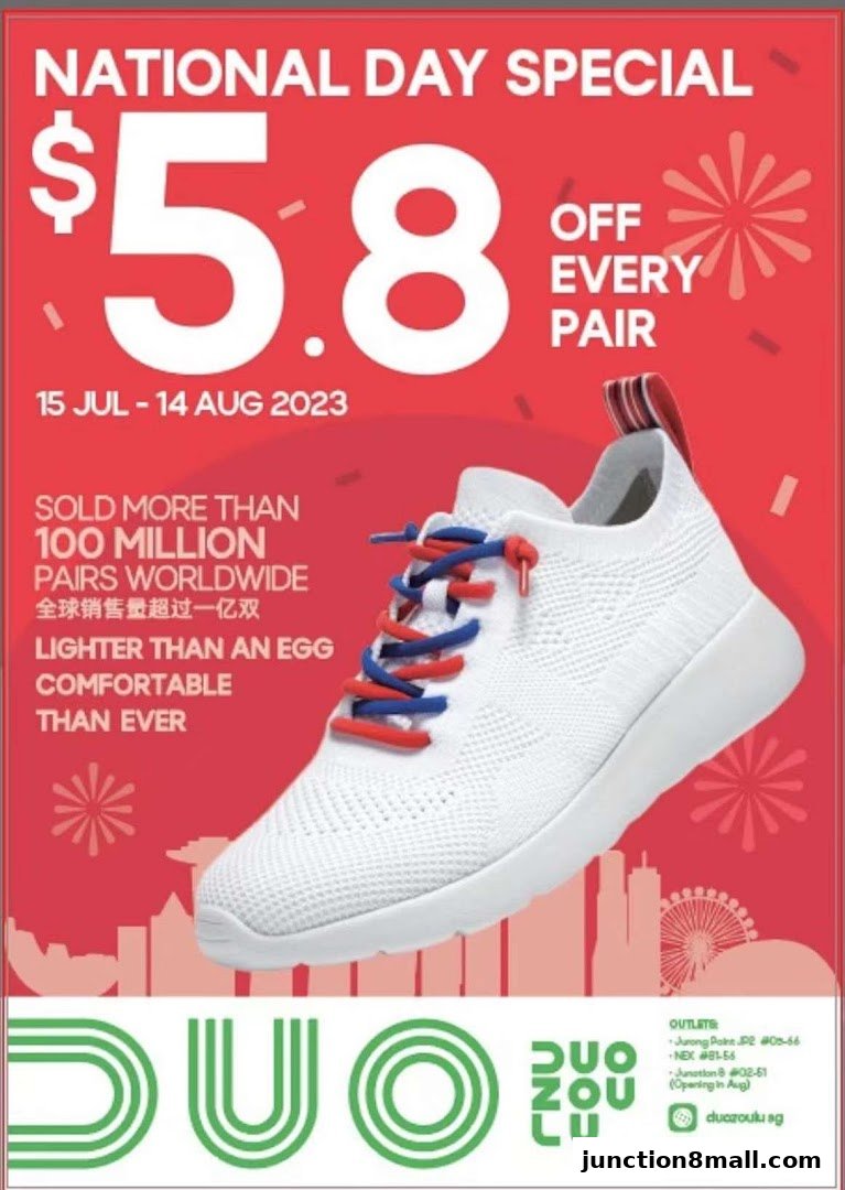 A promotional image for DUOZOULU featuring a white sneaker with red and blue laces, highlighting a National Day special.