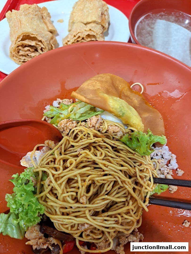 A close-up of a delicious bowl of noodles with minced meat, lettuce, and crispy wonton wrappers.
