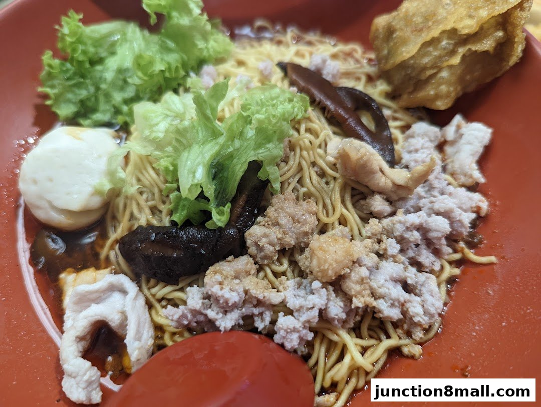 A close-up shot of a delicious bowl of noodles with minced meat, mushrooms, and a fried wonton.