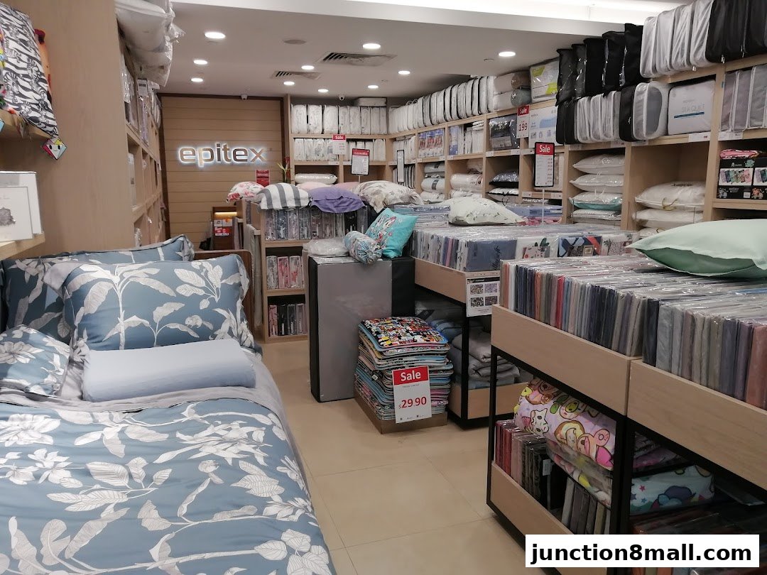 Interior view of Epitex Junction 8, showcasing bedding and home textile products.