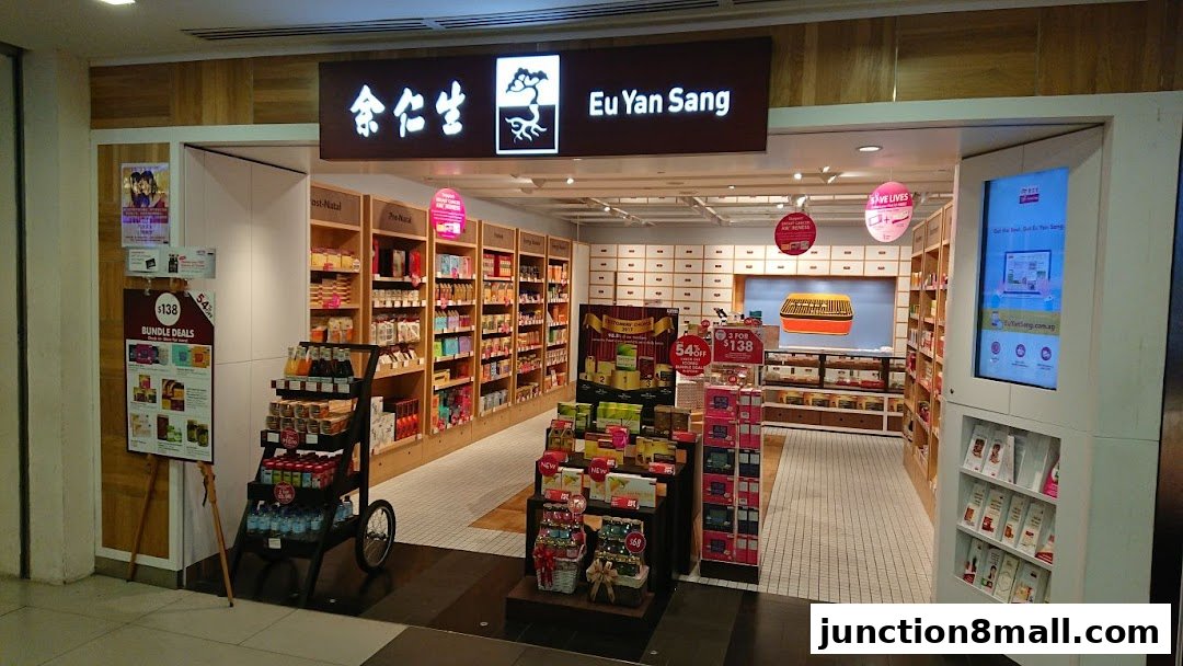 The interior of a Eu Yan Sang retail store showcasing a wide array of health products and promotions.