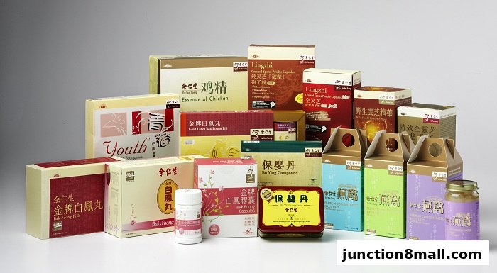 A collection of Eu Yan Sang health products, including essence of chicken, lingzhi, and various traditional Chinese medicine pills and capsules.