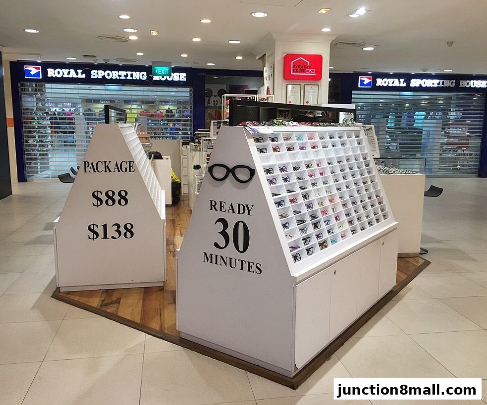 A display of eyeglasses and promotional signs for Eyewear House and Royal Sporting House.