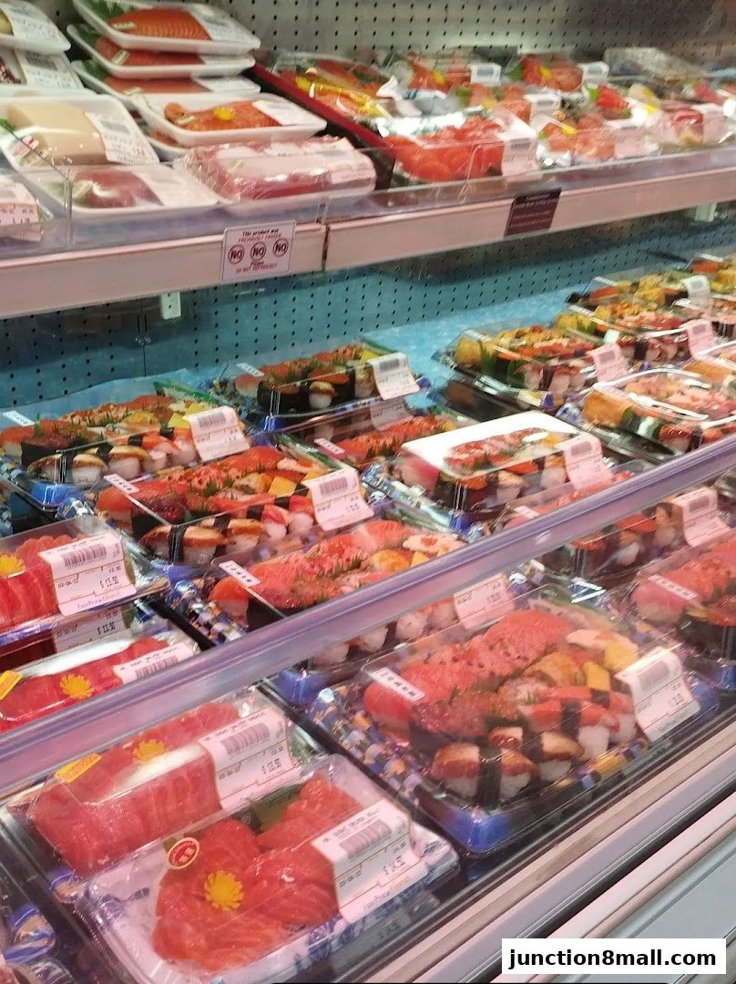 A display of fresh sushi and sashimi platters in clear plastic packaging.