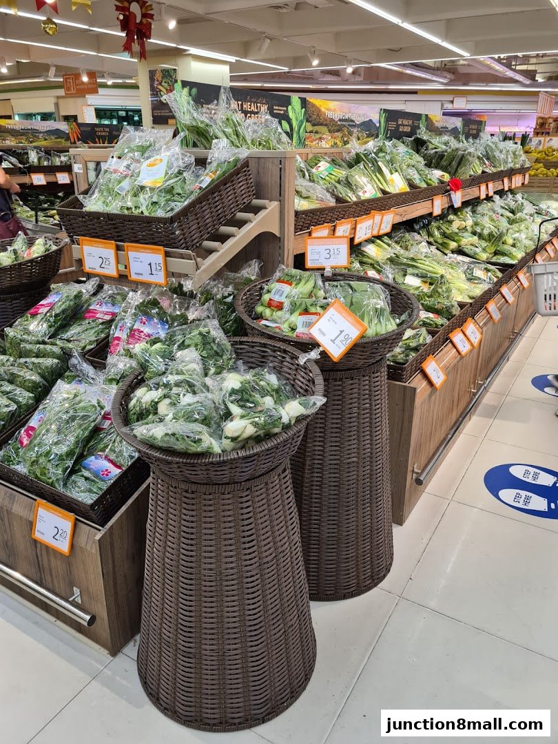 A wide selection of fresh, pre-packaged vegetables displayed in baskets and on shelves.