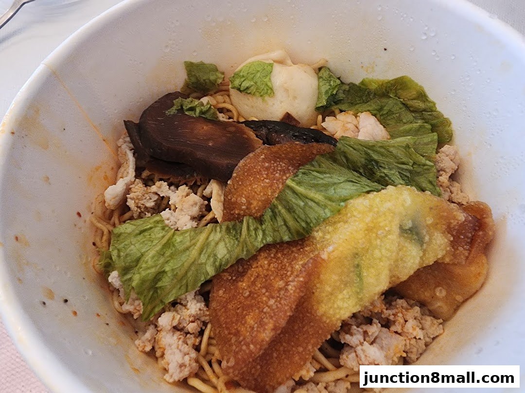 A close-up of a bowl of noodles with minced meat, vegetables, and fried wontons.