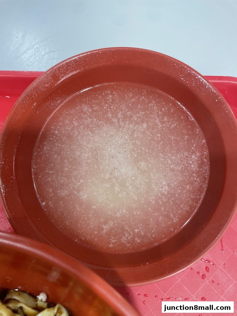 A close-up of a red bowl filled with a light-colored liquid and small particles.