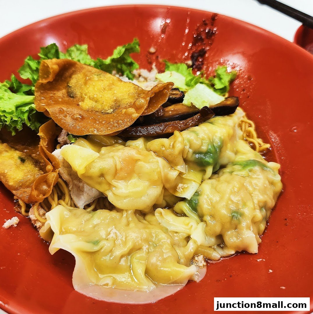 A close-up shot of a bowl of wonton noodles with wontons, fried wontons, lettuce, and mushrooms.