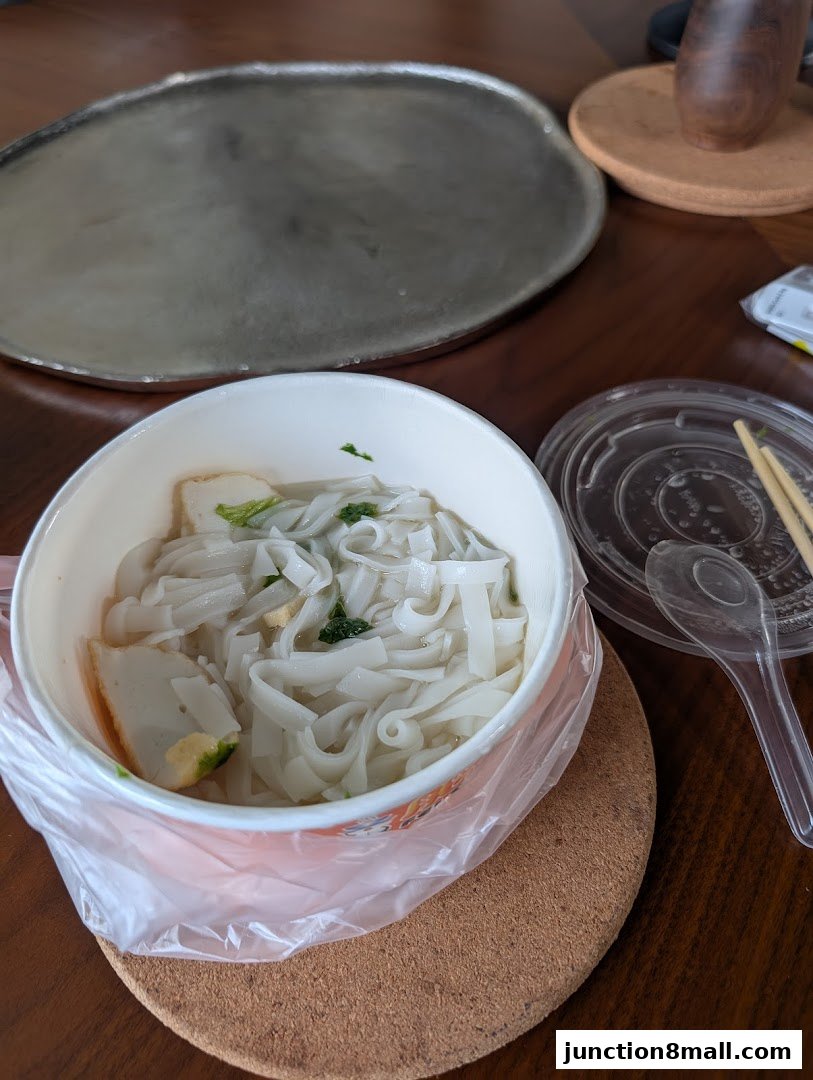 A bowl of noodles with fish cake and green herbs, served in a takeaway container.
