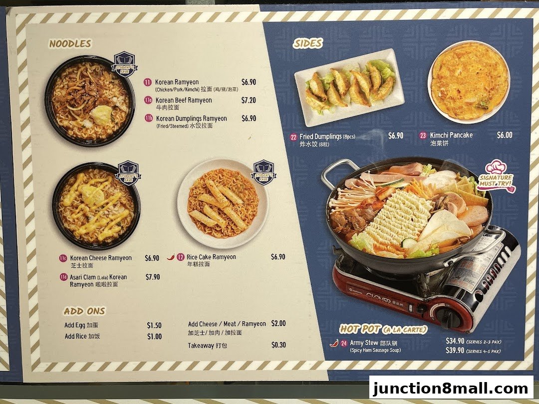 A menu featuring Korean noodles, sides, and hot pot dishes with prices and descriptions.