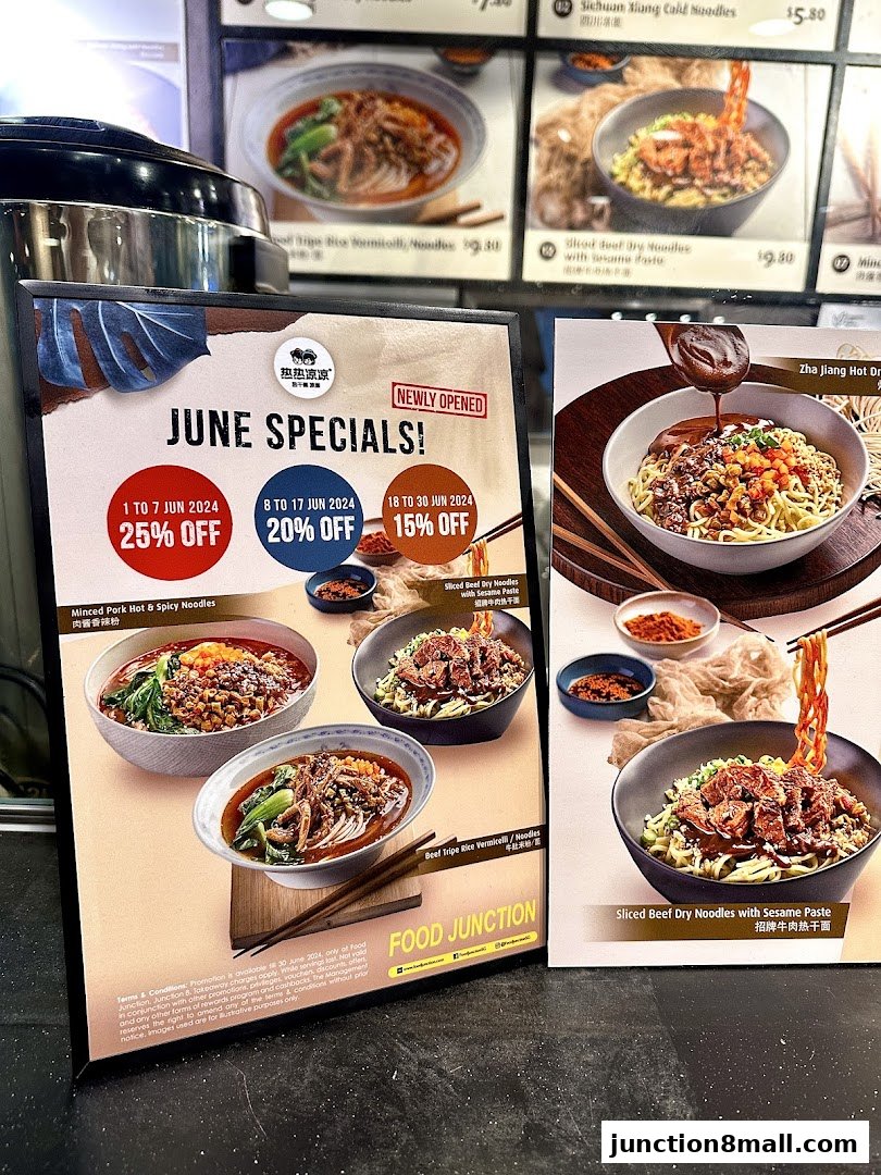 A menu board displays June specials and food items from Food Junction.