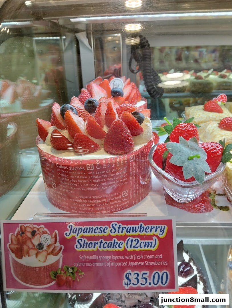 A close-up of a Japanese Strawberry Shortcake with fresh strawberries and blueberries.