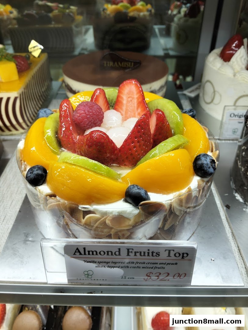 A close-up of a beautifully decorated fruit-topped cake with almonds.
