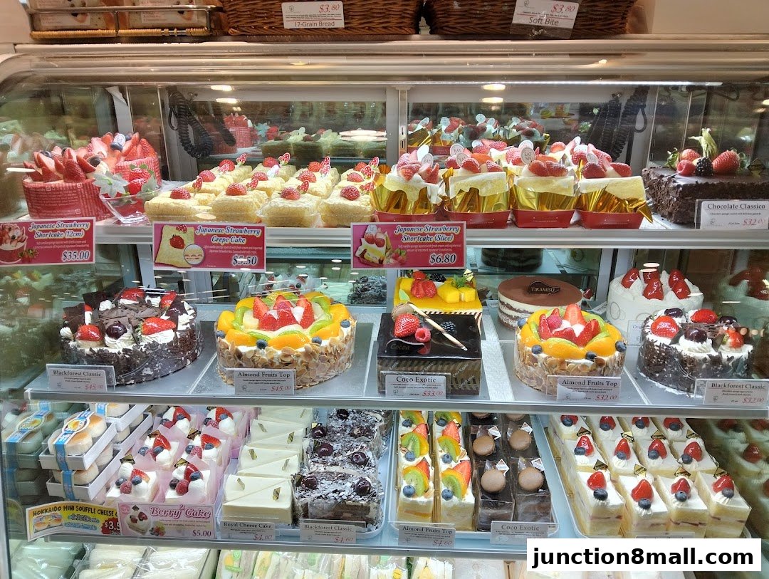 A display case filled with various cakes, pastries, and bread from the Four Leaves bakery.