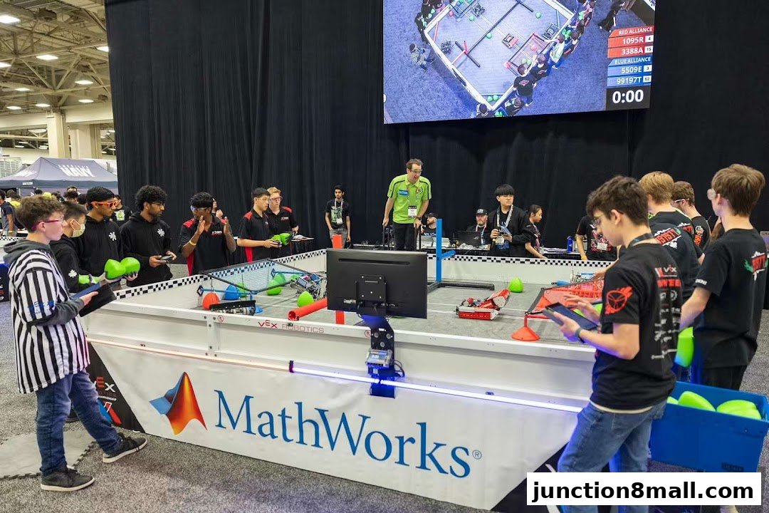 Students participate in a robotics competition with robots on a table and a large screen displaying scores.